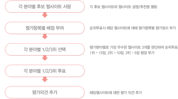 각분야별흐보웹사이트서핑→평가항목별배점부여→각분야별1/2/3위 선택→각분야별1/2/3 투표→평가의견추가